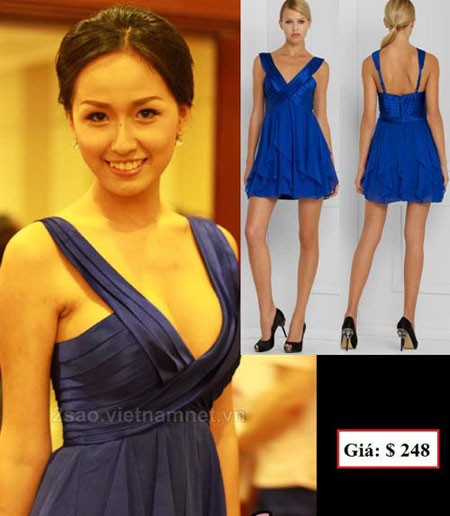 Chiếc váy xanh xếp tầng, cổ chữ V khoét sâu làm tôn lên vòng một đầy đặn của Hoa hậu Mai Phương Thúy.